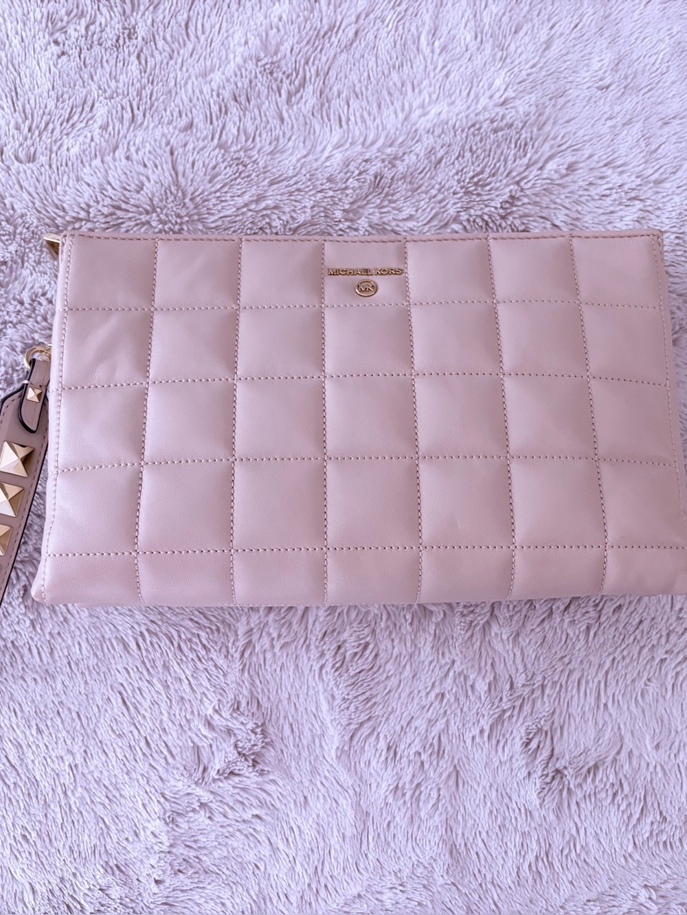 Michael Kors Quilted Beige Leather Wristlet Clutch with Gold Hardware